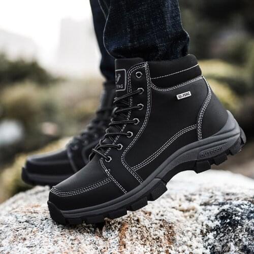 Mens Ankle Boots Hiking Trekking Black Yellow Waterproof Leather Tooling Men Winter Snow Boots Climbing Cowboy Martin Boots