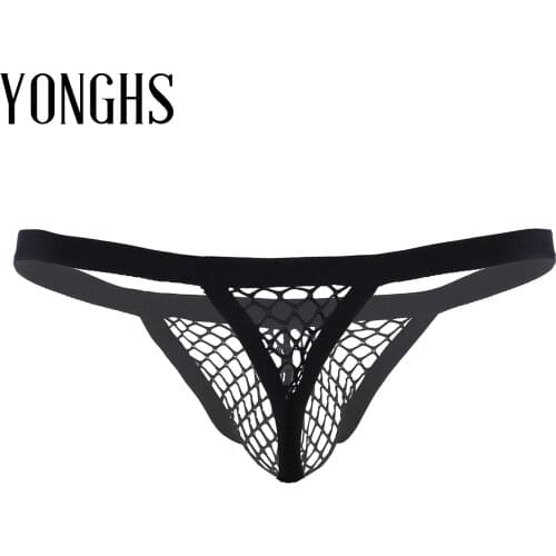 Mens Lingerie Sex Underwear See Through Fishnet Sexy Panties Design Low Rise Bulge Pouch T-Back Thongs Bikini Briefs Underwear