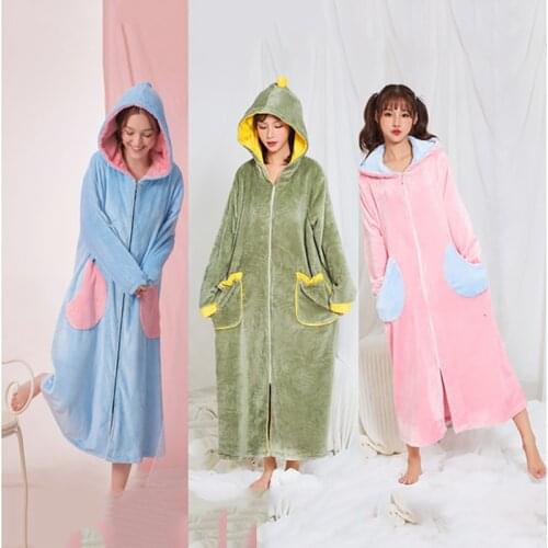 New Flannel Long Hoody Thermal Robe Women Fleece Coral Warm Thick Bathrobe Dressing Bath Robe Sleepwear Nightdress Homewear