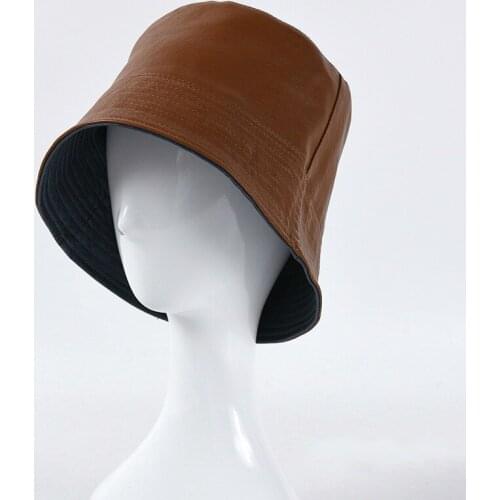 Unisex Fashion Bucket Hat High Quality Double Sided PU Leather Pure Black Rain Hat Women Winter Waterproof Fishmen Cap