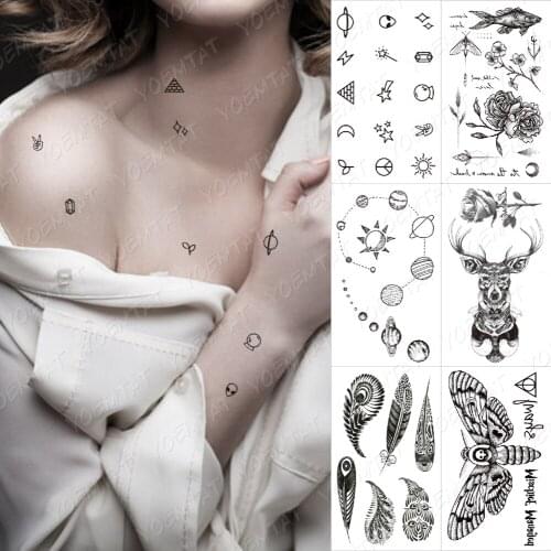 Waterproof Temporary Tattoo Stickers Whale Moon Deer Rose Flash Tatto Children Female Black Geometric Body Art Fake Tatoo Male