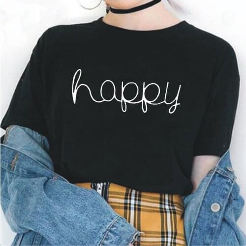 Happy Letter Print T-shirt Womens Casual Harajuku Cotton Tee Shirt Femme Summer Street Plus Size Round Neck T-shirts Tops