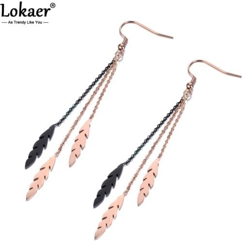 Lokaer 3pcs Leaf Charm Long Tassel Earrings For Women Girls Rose Gold Stainless Steel Female Drop Earring Jewelry Brincos E19019