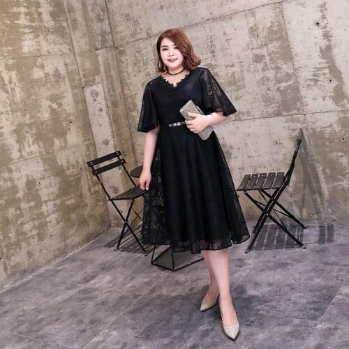 Party Night Dress A-Line Plus Size Vestidos De Gala Lace Simple Half Sleeve V-Neck Regular Women Black Elegant Prom Dresses D028
