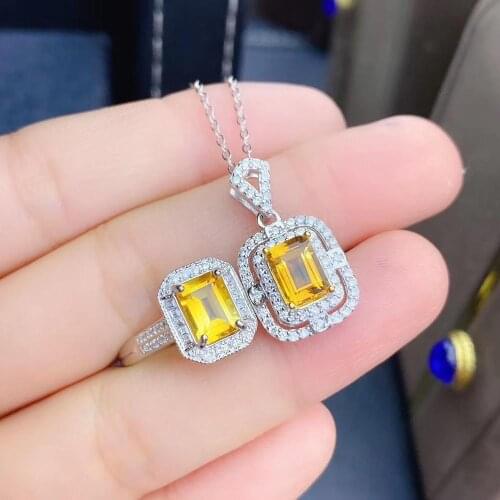 Citrine jewelry set Natural Real Citrine 925 sterling silver 1 pendant, 1 ring Female Wedding Jewelry