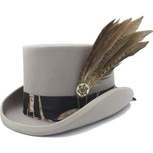 15CM (5.81Inch) Top Hat Wool Women Men Steampunk Cylinder Fedora Hat Handwork Leather Magic Cosplay Party Hat Caps Dropshipping