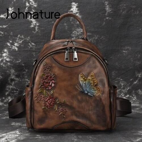 Johnature New Genuine Leather Zipper Soft Handle Embossing Animal Prints Multifunction Women Backpack Shoulder Bags Solid Bag