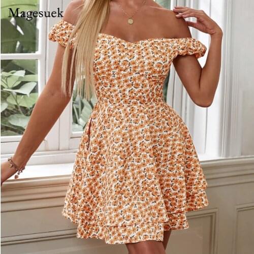 Elegant 2021 Summer New Women Short Dress Sweet Ruffles Dress Print Slash Neck Off Shoulder Puff Sleeve Dress Vetidos 15981