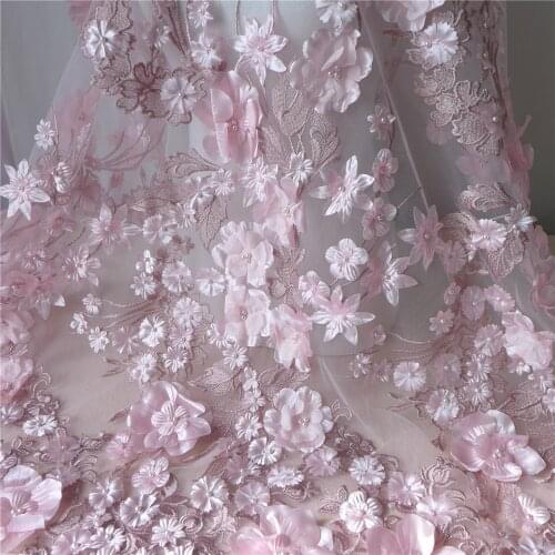 130cm Wide Wedding Dress Tulle Lace Fabric In Pink 3D Embroider Fabric Flowers With Pearl Beaded Sell By Yard