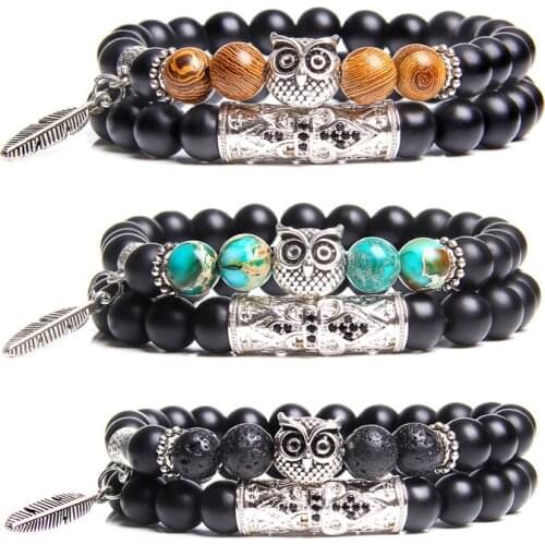 2pcs Metal metal leaf owl charm bracelet for men women gifts handmade energy lucky black friendship bracelets dropshipping