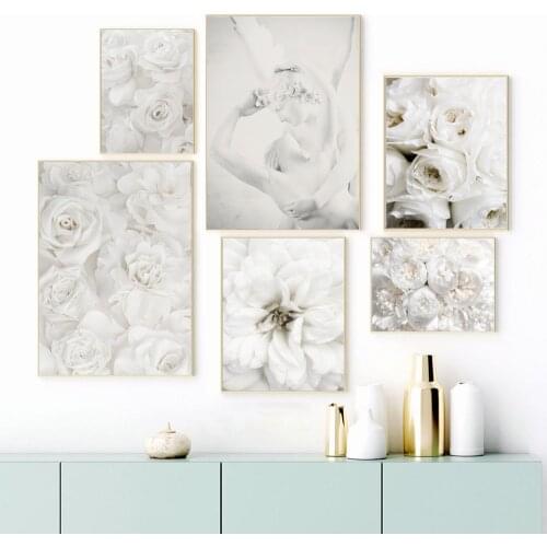 White Peony Rose Flower Cupid Kiss Sculpture Nordic Poster Wall Art Print Canvas Painting Wall Pictures For Living Room Decor