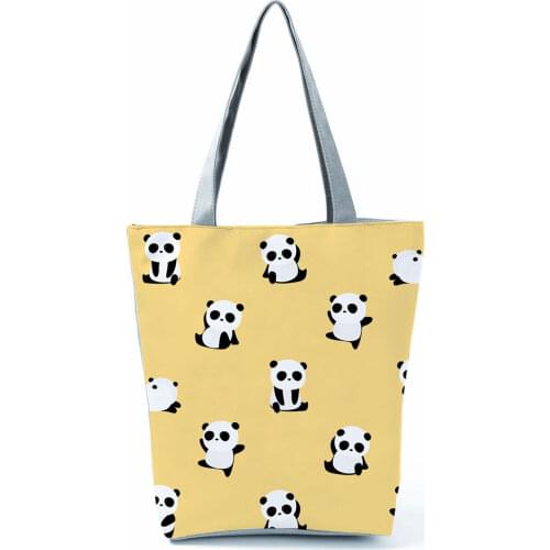 Panda Printed Handbag Cartoon Eco Reusable High Capacity Women Shopping Bag Yellow Cat Shoulder Tote Polyester Custom Pattern