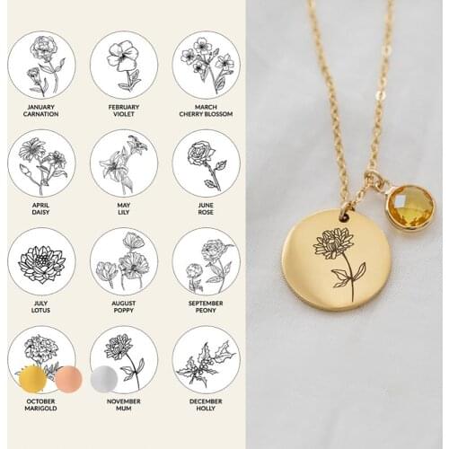 HUHUI Custom Engraved Flower Birthstone Necklace Personality Round Pendant Stainless Steel Women Jewelry Memorial BIrthday Gift