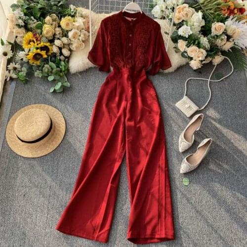 Lace Jumpsuit Women Clothes 2020 Korean Vintage Elegant Straight Full Length Pants Chiffon Overalls for Women Ropa Mujer ZT5295