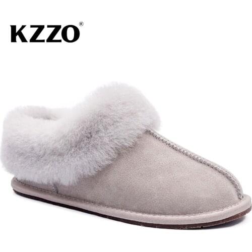 KZZO New Arrive Natural Sheepskin Woman Casual Wool Slippers Winter Warm Sheep Fur Lined Non-slip Home Shoes Indoor Slippers