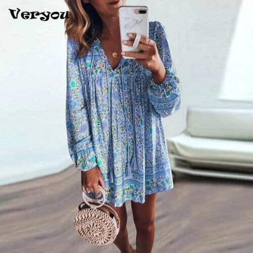 Long Sleeve V-neck Mini Dress Holiday Retro Women Dresses Bohemian Style Printing Woman Dresses Plus Size Dress