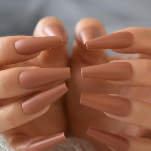 Brown Color Coffin Shape False Nail Tips Matte Full Covered Fake Nail Coffin Acrylic Nails Wholesale With Adhesive Tabs