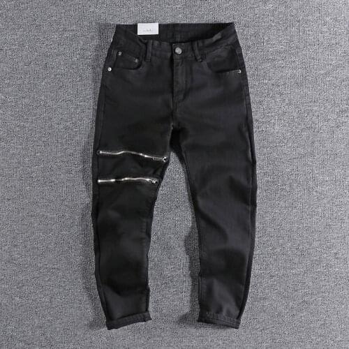 2021 new Zipper hole Fashion Black jeans mens elastic slim fit small foot youth quarter pants handsome boy cool trouser 174
