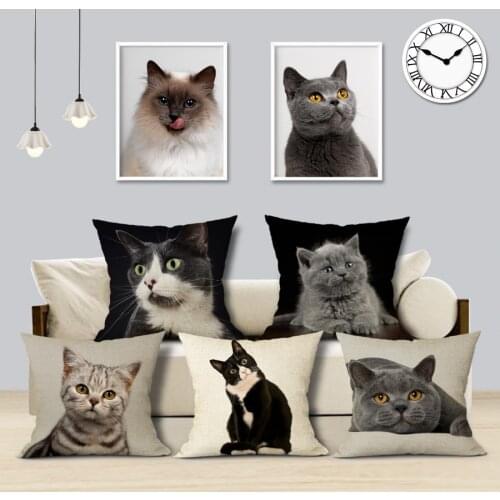 New Linen Pillow Cover Black White Hand Painting Yellow Cute Cat Kitchen Chair Cushion Cover Home Decorative Pillow Case