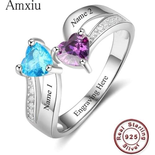 Amxiu Custom 925 Silver Wedding Rings Engrave Two Names with Heart Birthstones Rings For Women Lovers Party Gift Zircon Jewelry