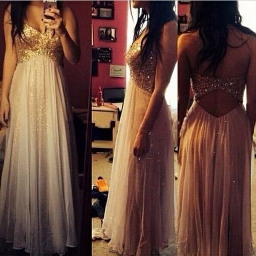 Real Image Gold Sequins 2018 Sweetheart Sleeveless Floor Length Chiffon Long Party Formal Custom prom gown bridesmaid dresses