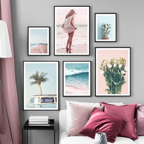 Pink Beach Waves Surf Girl Palm Pineapple Wall Art Canvas Painting Nordic Posters And Prints Wall Pictures For Living Room Decor