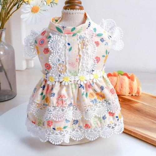 Sweet Dog Sundress Floral Lace Dress Clothes Summer Puppy Cat Princesses Shirts Blue White Tutu Skirt for Small Dogs Pet Clothes