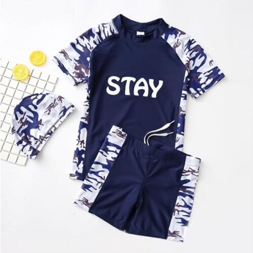 SD802 2020 new beach boy swimwear swim shirt trunk cap bikinis set suit pool camouflage print kids boy swimsuit bathing suits