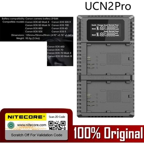Nitecore UCN2 Pro Dual Slot USB QC LP-E6 LP-E6N Charger For Canon CANON DSLR EOS 60D 5D3 7D 70D 5D Mark II SLR Camera Battery