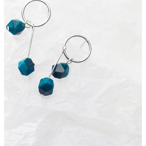 MloveAcc Round Circle Stud Earrings 100% 925 Sterling Silver Korean Style Blue Stone Beads Earrings for Women Jewelry Gift