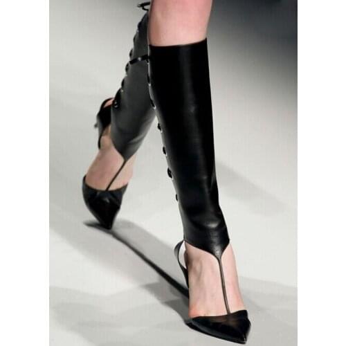 Ladies Sexy Runway T-strap Pointed Toe Knee High Boots Women Stiletto Heels Summer Boots Gladiator Slingbacks Back Lace Up Boot