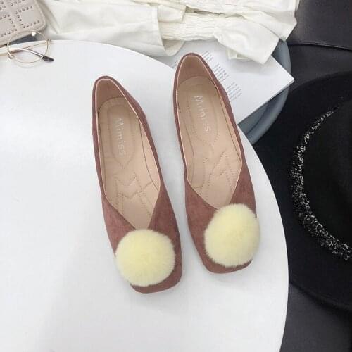 Arrivals Women Flats Shoes Round Toe Single Shoes Shallow Slip On Comfort Flat Casual Shoes Fur Ball Decoration Shoes U19-57