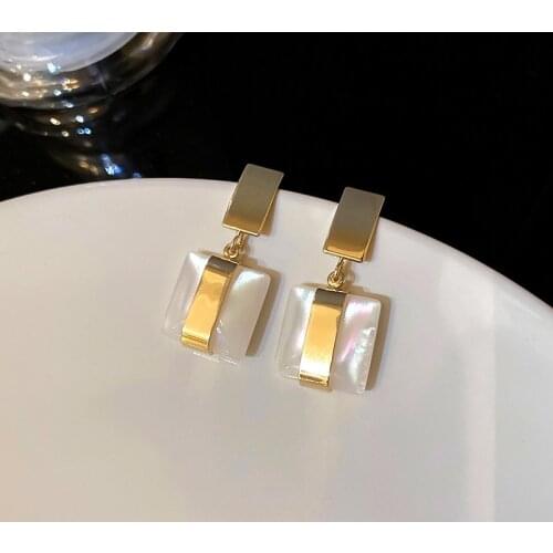 Origin Summer French White Square Crystal Earrings Gold Color Alloy Geometric Drop Dangle Earrings for Women Minimalist Jewelry