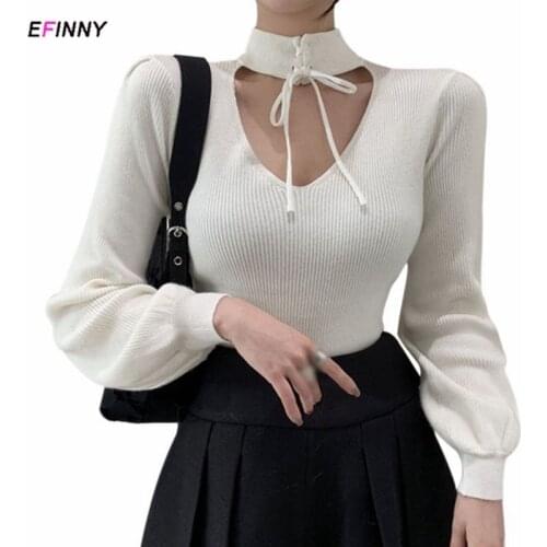 Spring Autumn Women Sweater pullover Knitted V-neck Hollow Halter Design Sense Short Sweater Long-sleeved Tops