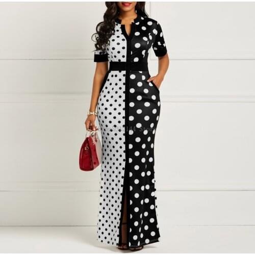 Clocolor African Dress Vintage Polka Dot White Black Printed Retro Bodycon Women Summer Short Sleeve Plus Size Long maxi Dress