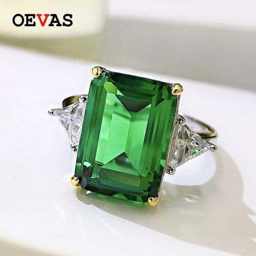 OEVAS 100% 925 Sterling Silver Sparkling 10*14mm Emerald Cut Green Zircon Wedding Ring For Women High Carbon Diamond Fine Jewlry