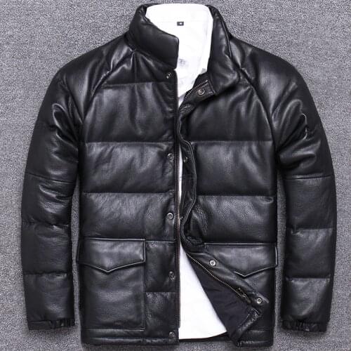 Winter male fund halley down jackets thickening head layer cowhide genuine locomotive leather clothing 100% natural calf skin