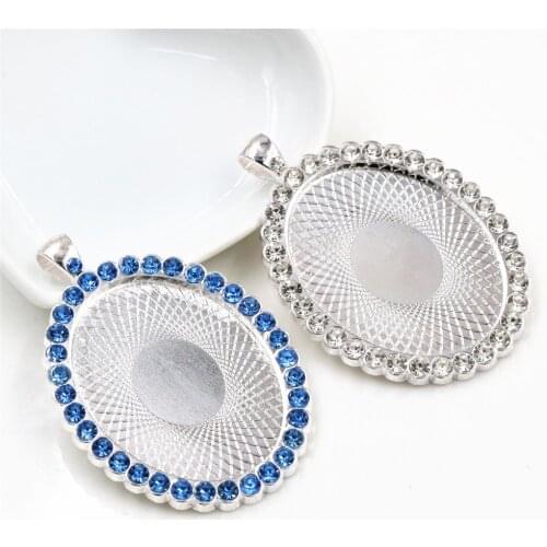 5pcs 30x40mm Inner Size Bright Silver Plated Transparent and Blue Rhinestone Style Cameo Cabochon Base Setting Pendant