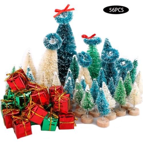 56Pcs Mini Colorful Pine Trees Kit Sisal Snow Frost Trees With Wood Base Bottle Color Gift Box Brush Trees Plastic Winter