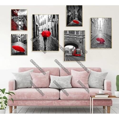 Retro and Nostalgic Style Canvas Painting Poster Quaint Alley Building Elegant Woman Red Umbrellas for Home Rooms Wall Decorati