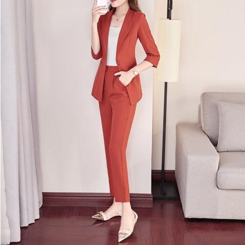 2 Pieces Set Half Sleeve Formal Pant Suit Women Work Wear set Office Lady Uniform Style Business Jacket & Slim Pants two-piece