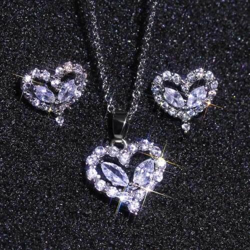 Cute Female Love Heart Crystal Jewelry Set Charm Silver Color Stud Earring For Women Dainty White Zircon Wedding Chain Necklace