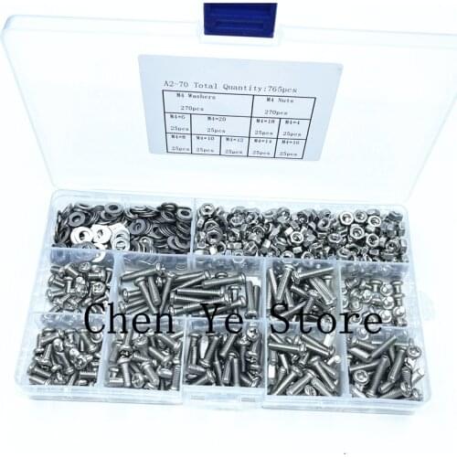 Free Shipping 765PCS Cross Recessed Round Head M3 M4 M5 Screw Set Nut Washer Stainless Steel Phillips Machine Screw Assorted Kit