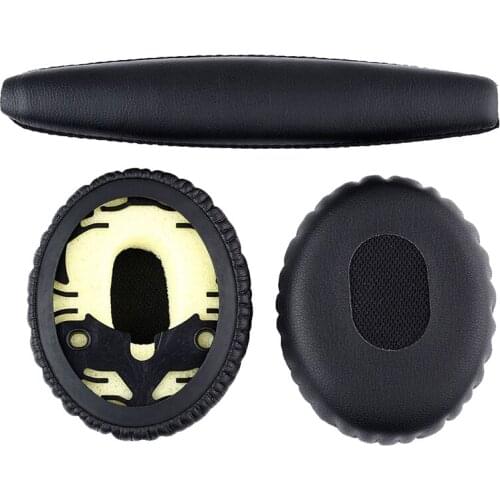 A pair of black ear cushions with head pad for Bose QC3 Quiet Comfort 3 headphones