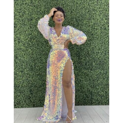 Sexy Custom Made High Slit Sequins Birthday Dress For Women Party Night V Neck Full Sleeves Prom Dress Vestidos Female Gown