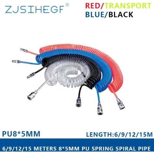 6M/9M/12M/15M PU OD 8mm *ID5mm Polyurethane Air Compressor Hose Tube Flexible Tool With Connector PU0805 Spring Spiral Pipe