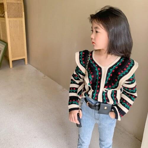 Girls' Stringy Selvedge Knitwear 2021 Autumn Childrens Striped Small Flower Sweater Top Children Pullover Trendy