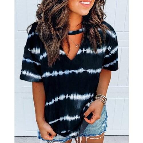 Hollow Out T-shirt Tie Dye Tops Tee Women Summer Short Sleeve Harajuku Tee Shirt Streetwear Lady V-neck Tee