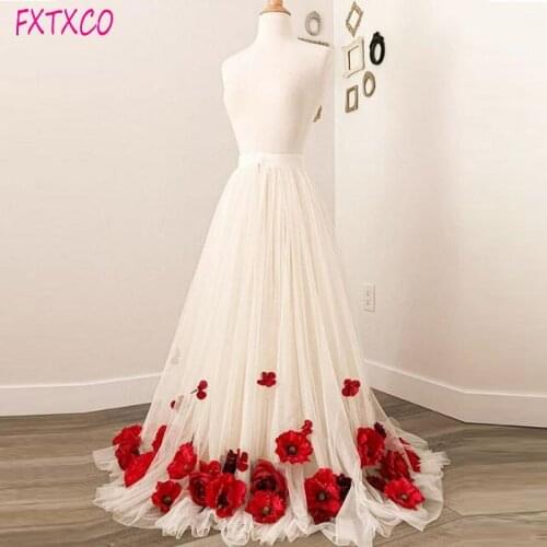 2021gorgeous 3D Flower Appliques Long Skirts Elastic High Waist Girls Party Formal Wear Female Jupe Longue Sweep Train Tutu