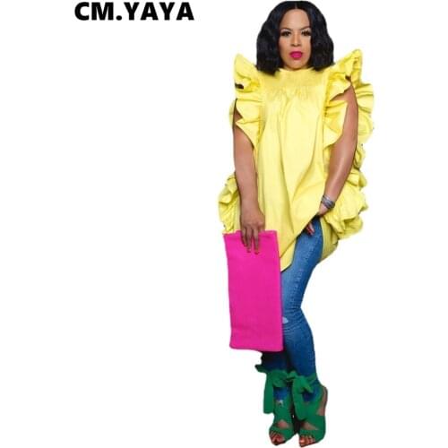 CM.YAYA Women T-shirts Solid Short Ruffles Sleeve O-neck Loose Straight Long Tops Sexy Fashion Casual High Streetwear Summer